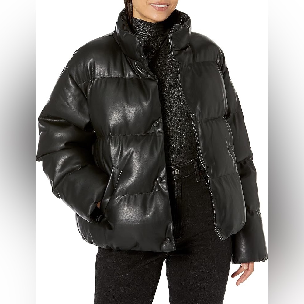 NVLT Black Vegan faux Leather Down Puffer JACKET Coat size medium Anthropologie